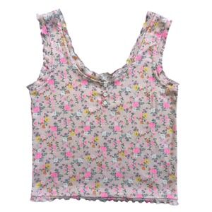 Mentally Exhausted Pink Floral Pointelle Cottage Henley Tank Top Lettuce Edge M